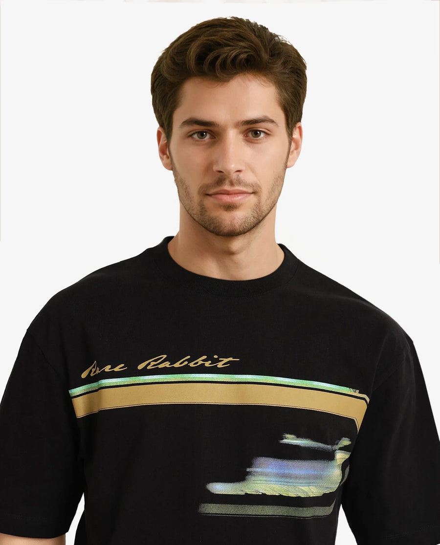 Rare Rabbit Men's Cius Black Cotton Graphic Print Oversized Fit Half Sleeve Crew Neck T-Shirt