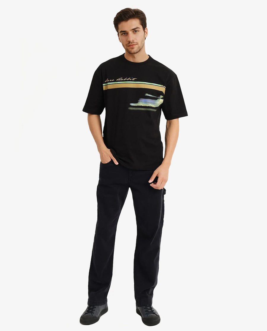 Rare Rabbit Men's Cius Black Cotton Graphic Print Oversized Fit Half Sleeve Crew Neck T-Shirt