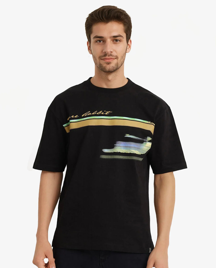 Rare Rabbit Men's Cius Black Cotton Graphic Print Oversized Fit Half Sleeve Crew Neck T-Shirt