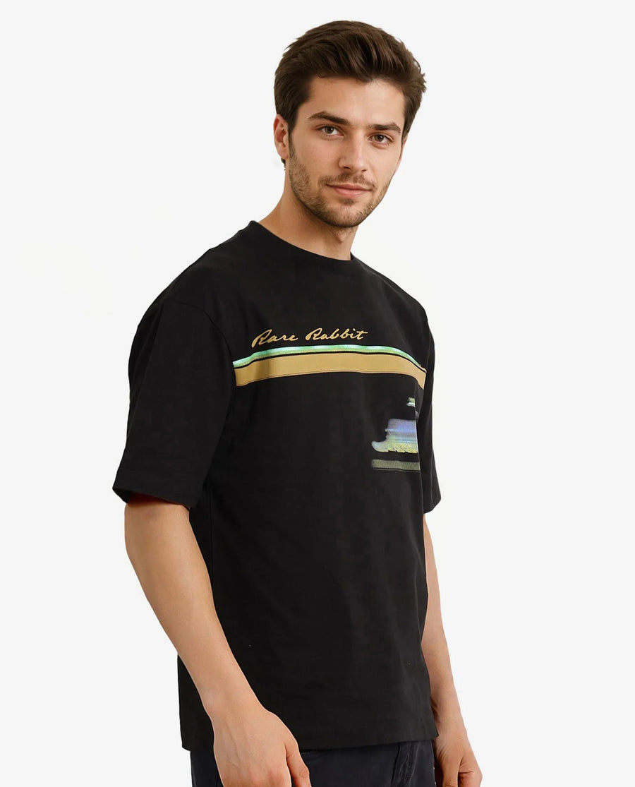 Rare Rabbit Men's Cius Black Cotton Graphic Print Oversized Fit Half Sleeve Crew Neck T-Shirt