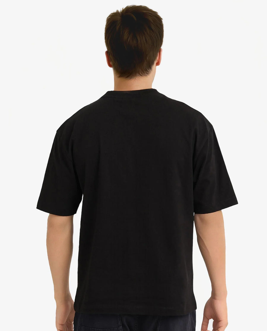 Rare Rabbit Men's Cius Black Cotton Graphic Print Oversized Fit Half Sleeve Crew Neck T-Shirt