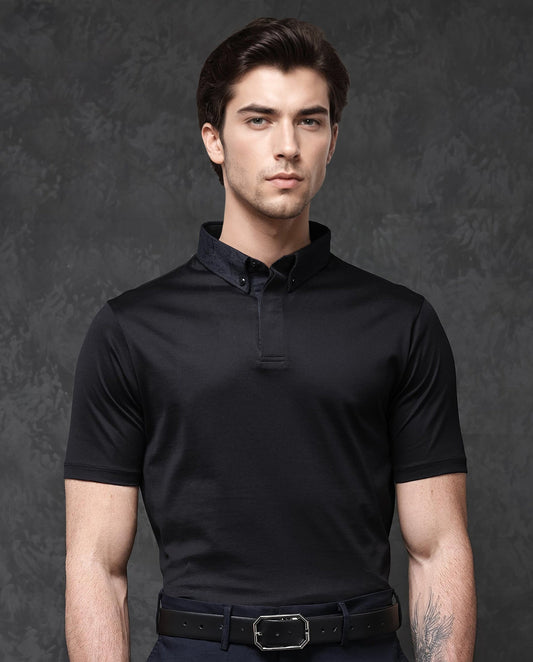 Rare Rabbit Men's Guild Casual Clarance Black Cotton Plain Regular Fit Half Sleeve Polo