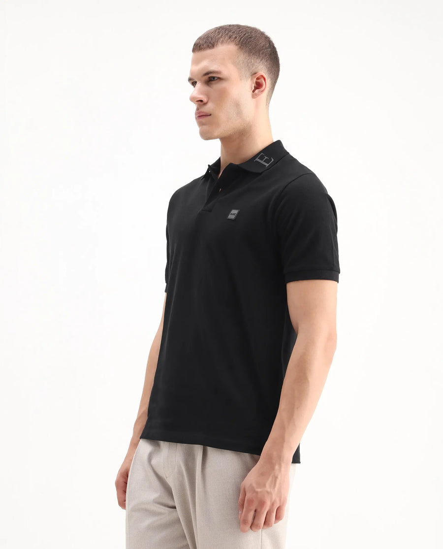 Rare Rabbit Men's Clif Black Cotton Plain Regular Fit Half Sleeve Polo