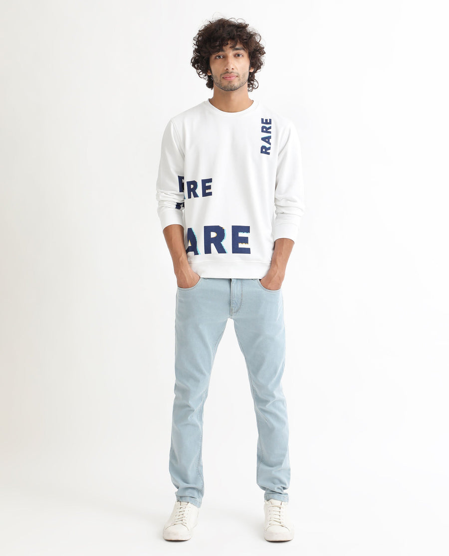 Rare Rabbit Men's Cloviss White Cotton Monogram Print Regular Fit Full Sleeve Crew Neck Sweatshirt