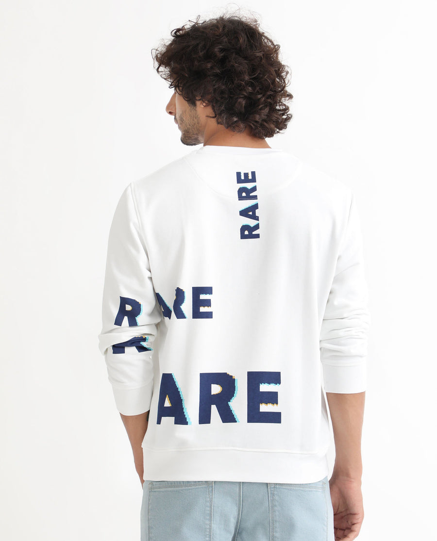 Rare Rabbit Men's Cloviss White Cotton Monogram Print Regular Fit Full Sleeve Crew Neck Sweatshirt