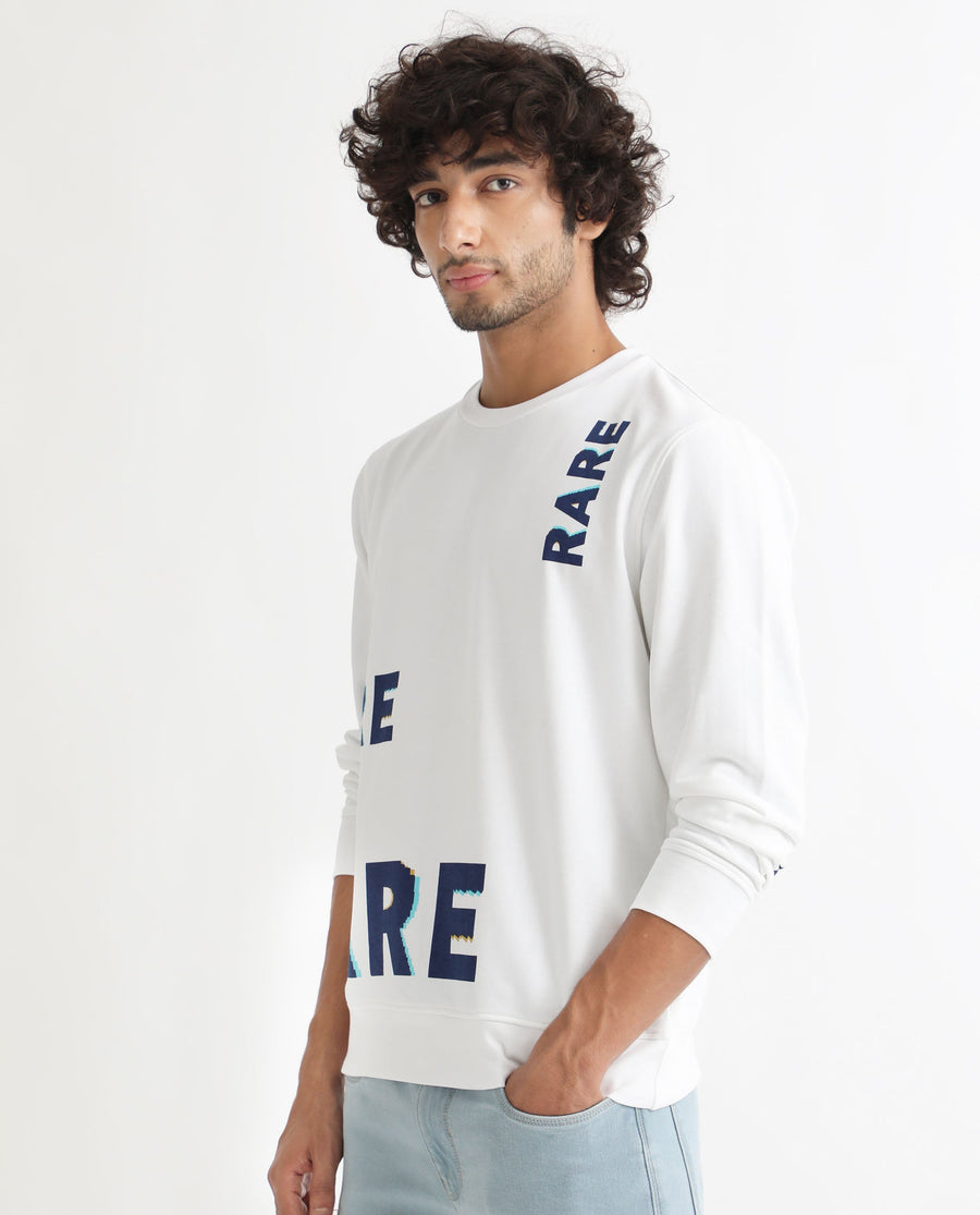 Rare Rabbit Men's Cloviss White Cotton Monogram Print Regular Fit Full Sleeve Crew Neck Sweatshirt