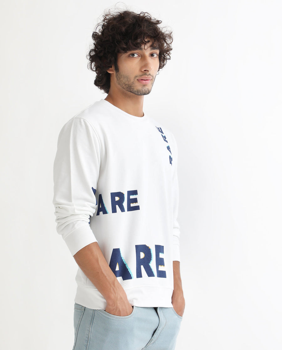Rare Rabbit Men's Cloviss White Cotton Monogram Print Regular Fit Full Sleeve Crew Neck Sweatshirt
