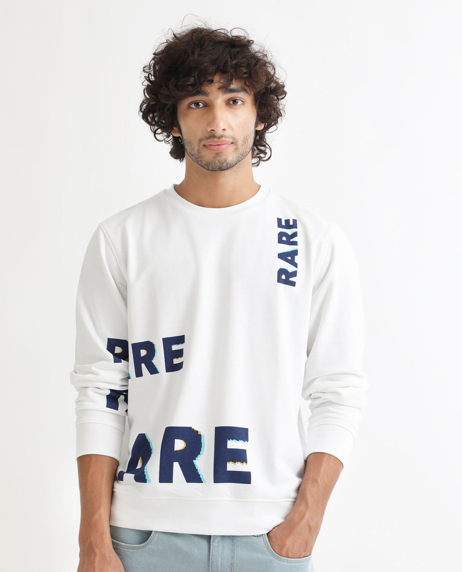 Rare Rabbit Men's Cloviss White Cotton Monogram Print Regular Fit Full Sleeve Crew Neck Sweatshirt