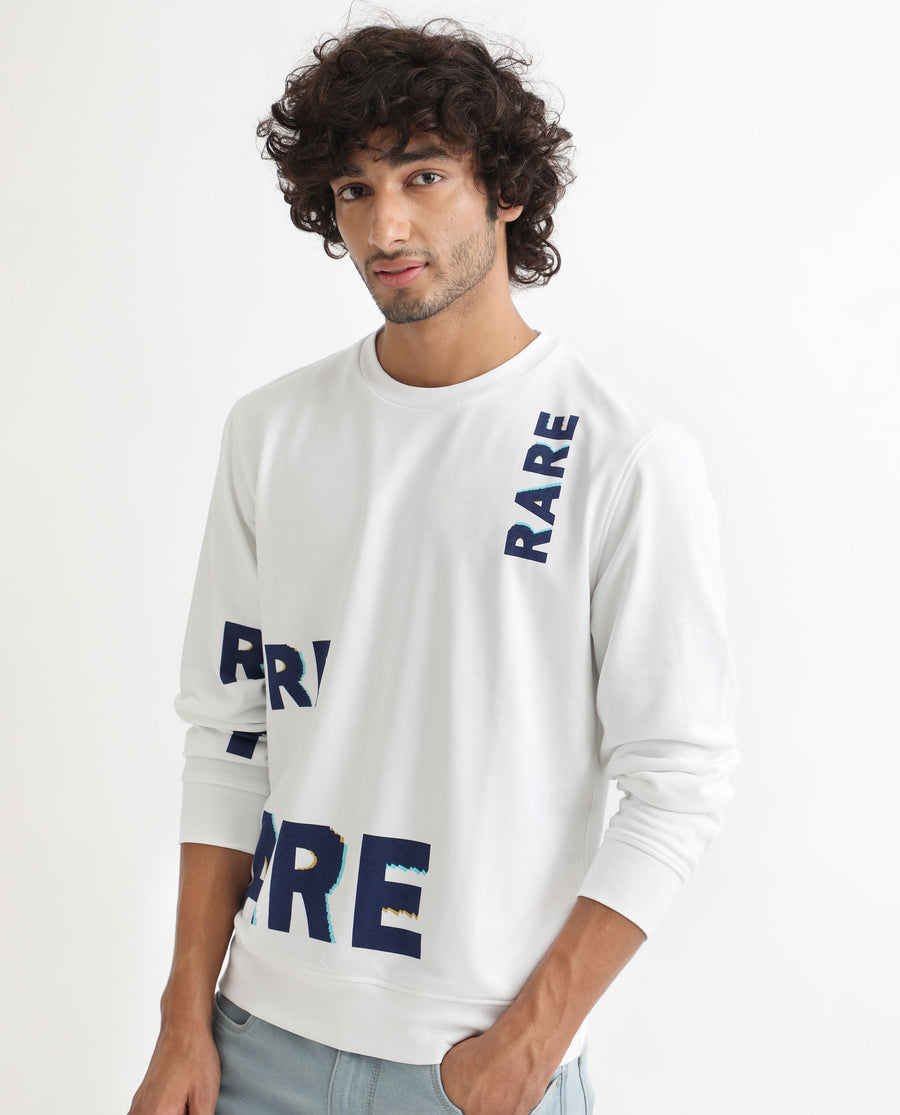 Rare Rabbit Men's Cloviss White Cotton Monogram Print Regular Fit Full Sleeve Crew Neck Sweatshirt