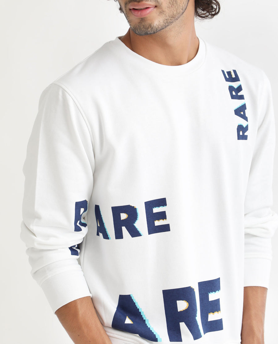 Rare Rabbit Men's Cloviss White Cotton Monogram Print Regular Fit Full Sleeve Crew Neck Sweatshirt