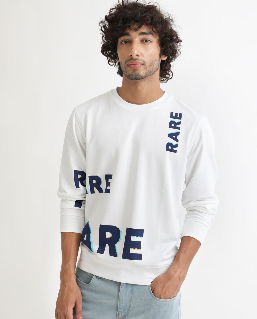 Rare Rabbit Men's Cloviss White Cotton Monogram Print Regular Fit Full Sleeve Crew Neck Sweatshirt