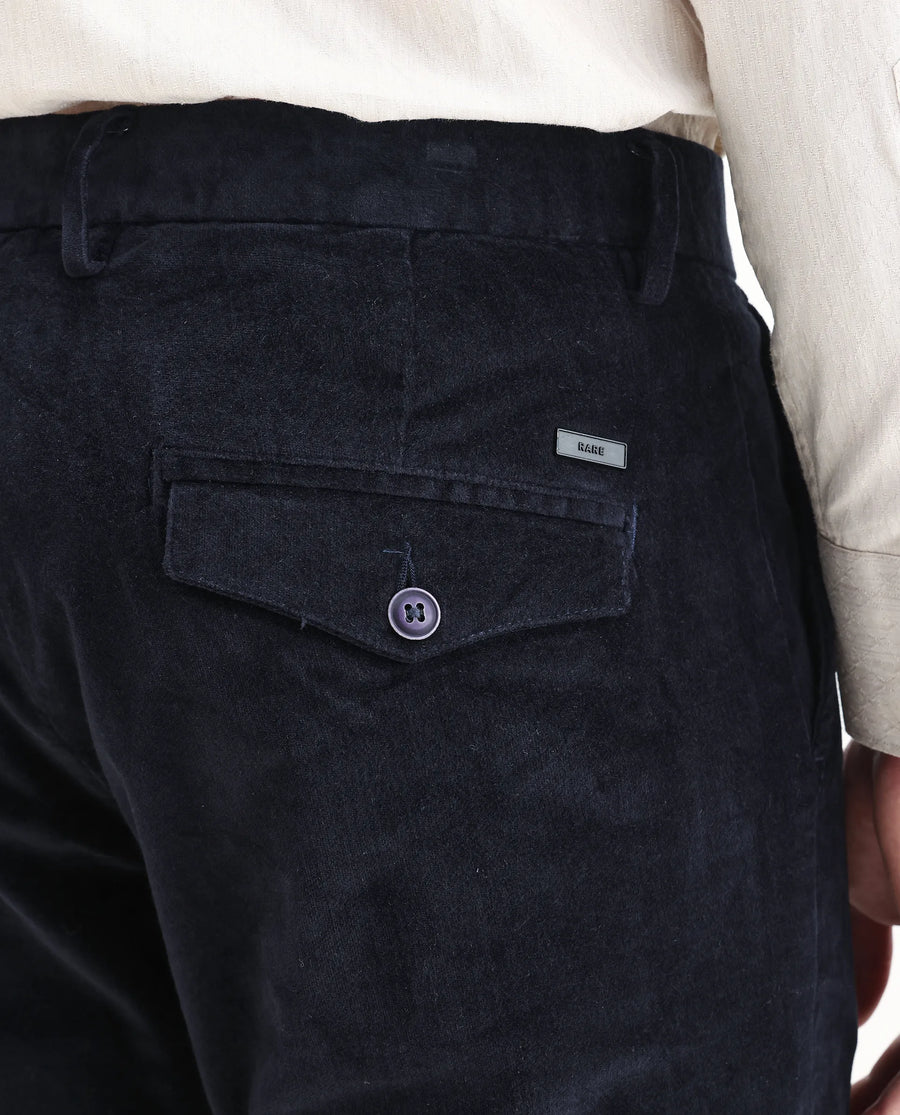 Rare Rabbit Men's Cloy Navy Cotton Plain Regular Fit Trouser