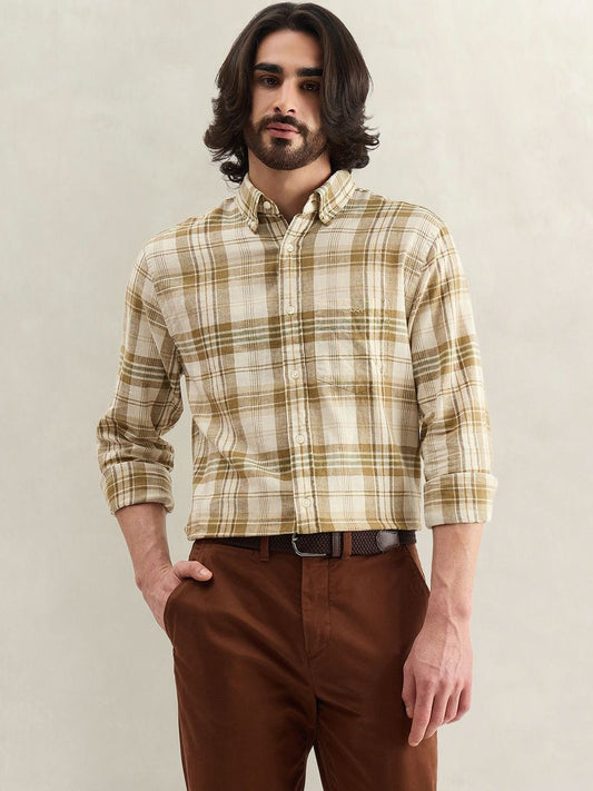 Gant Men Khaki Checked Regular Fit Linen Madras Checked Shirt