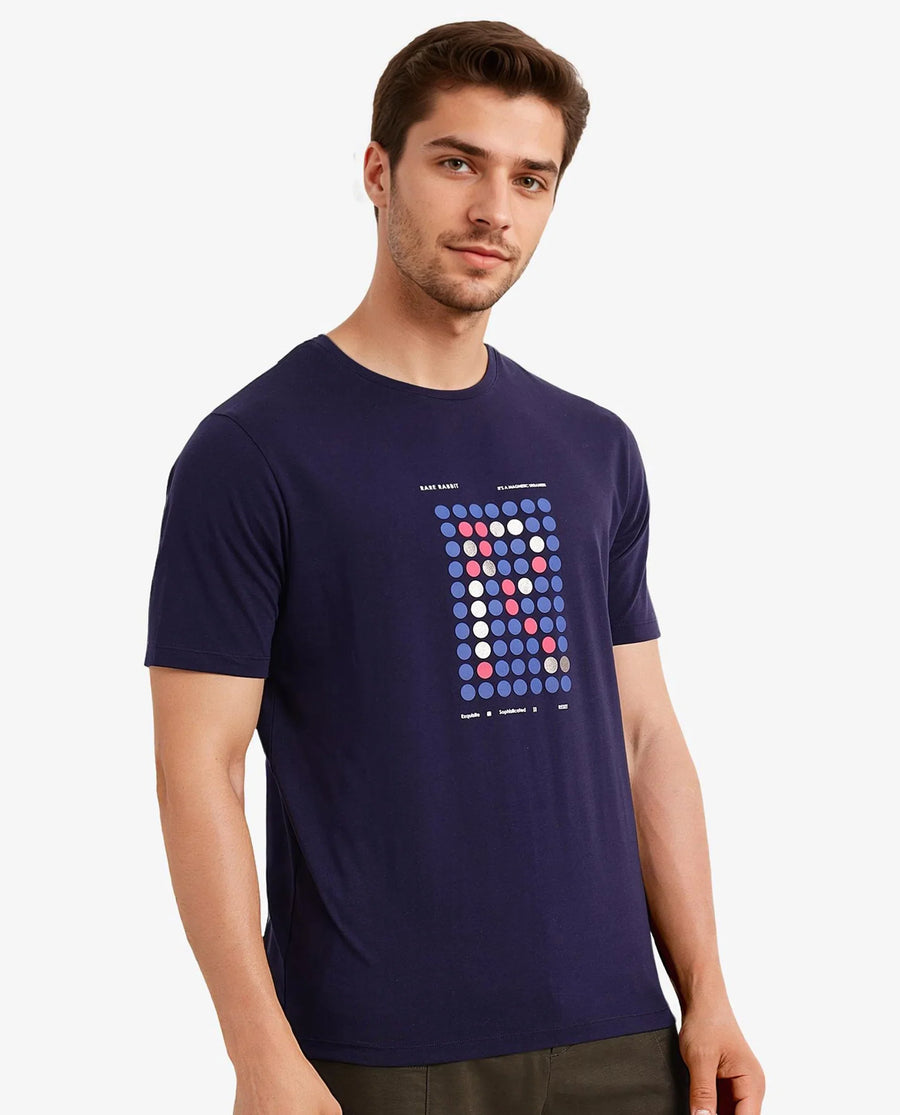 Rare Rabbit Men's Colos Navy Cotton Graphic Print Regular Fit Half Sleeve Crew Neck T-Shirt
