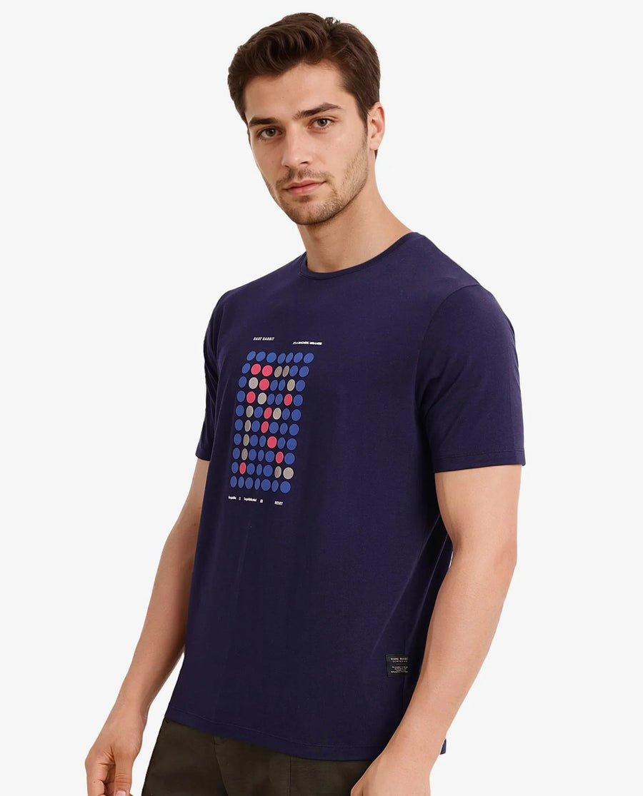Rare Rabbit Men's Colos Navy Cotton Graphic Print Regular Fit Half Sleeve Crew Neck T-Shirt