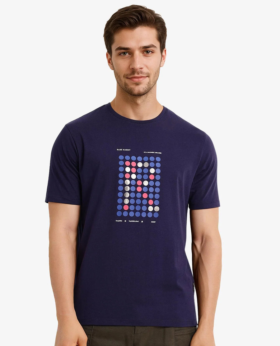Rare Rabbit Men's Colos Navy Cotton Graphic Print Regular Fit Half Sleeve Crew Neck T-Shirt