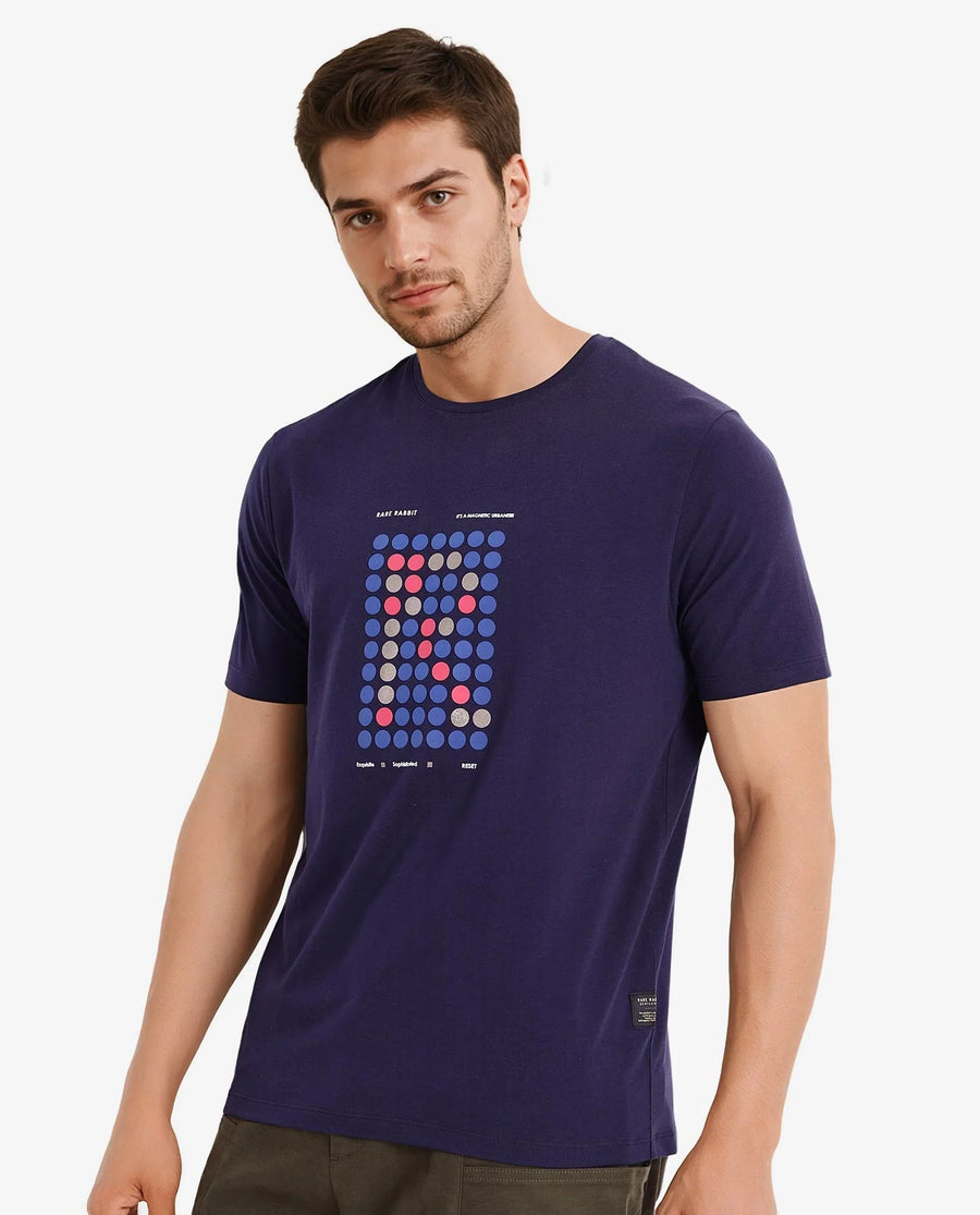 Rare Rabbit Men's Colos Navy Cotton Graphic Print Regular Fit Half Sleeve Crew Neck T-Shirt