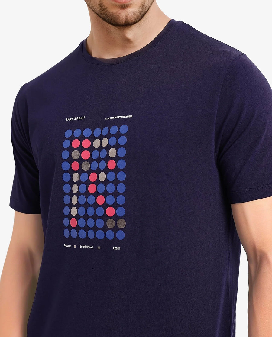 Rare Rabbit Men's Colos Navy Cotton Graphic Print Regular Fit Half Sleeve Crew Neck T-Shirt