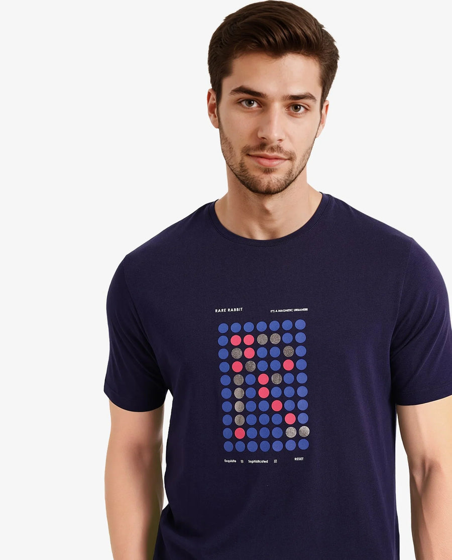 Rare Rabbit Men's Colos Navy Cotton Graphic Print Regular Fit Half Sleeve Crew Neck T-Shirt