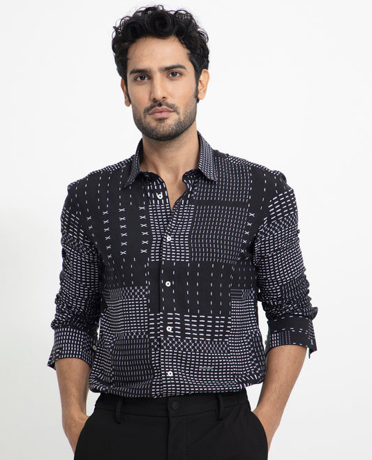 Rare Rabbit Men's Comica Black Viscose Geometric Print Regular Fit Full Sleeve Collared Shirt