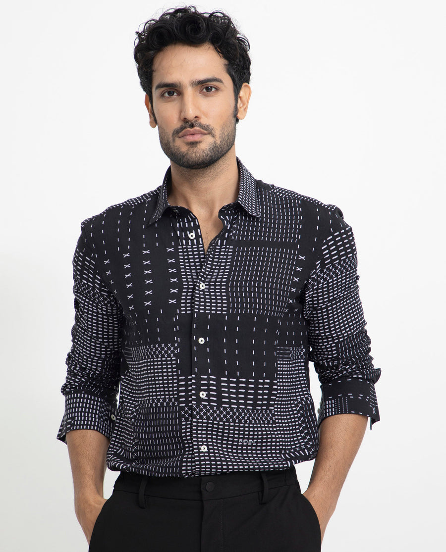 Rare Rabbit Men's Comica Black Viscose Geometric Print Regular Fit Full Sleeve Collared Shirt