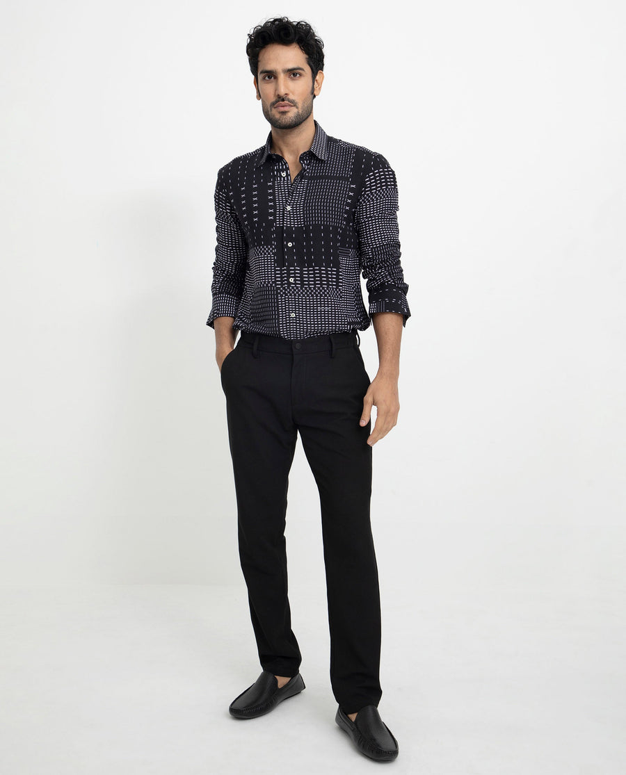 Rare Rabbit Men's Comica Black Viscose Geometric Print Regular Fit Full Sleeve Collared Shirt