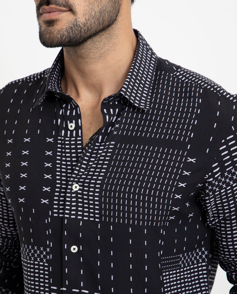 Rare Rabbit Men's Comica Black Viscose Geometric Print Regular Fit Full Sleeve Collared Shirt