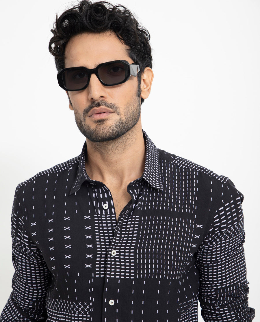 Rare Rabbit Men's Comica Black Viscose Geometric Print Regular Fit Full Sleeve Collared Shirt