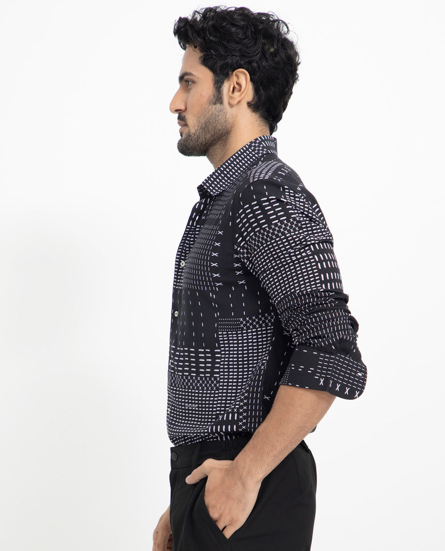 Rare Rabbit Men's Comica Black Viscose Geometric Print Regular Fit Full Sleeve Collared Shirt