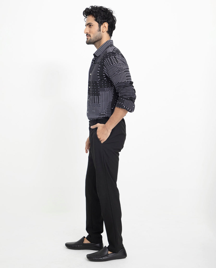 Rare Rabbit Men's Comica Black Viscose Geometric Print Regular Fit Full Sleeve Collared Shirt
