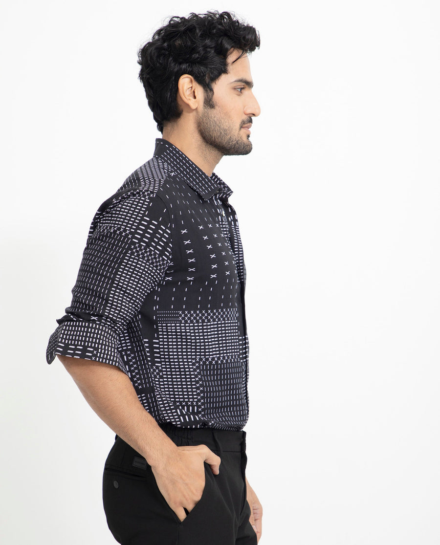 Rare Rabbit Men's Comica Black Viscose Geometric Print Regular Fit Full Sleeve Collared Shirt