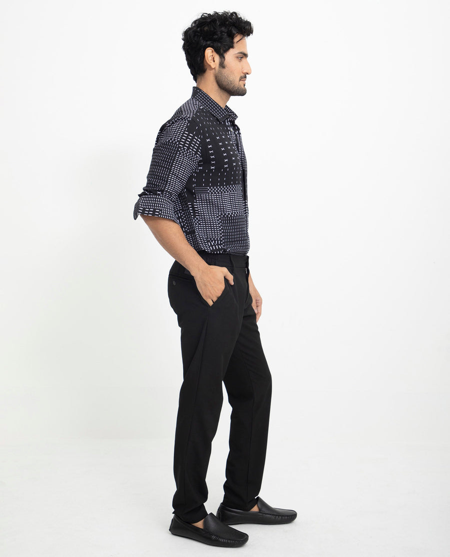 Rare Rabbit Men's Comica Black Viscose Geometric Print Regular Fit Full Sleeve Collared Shirt