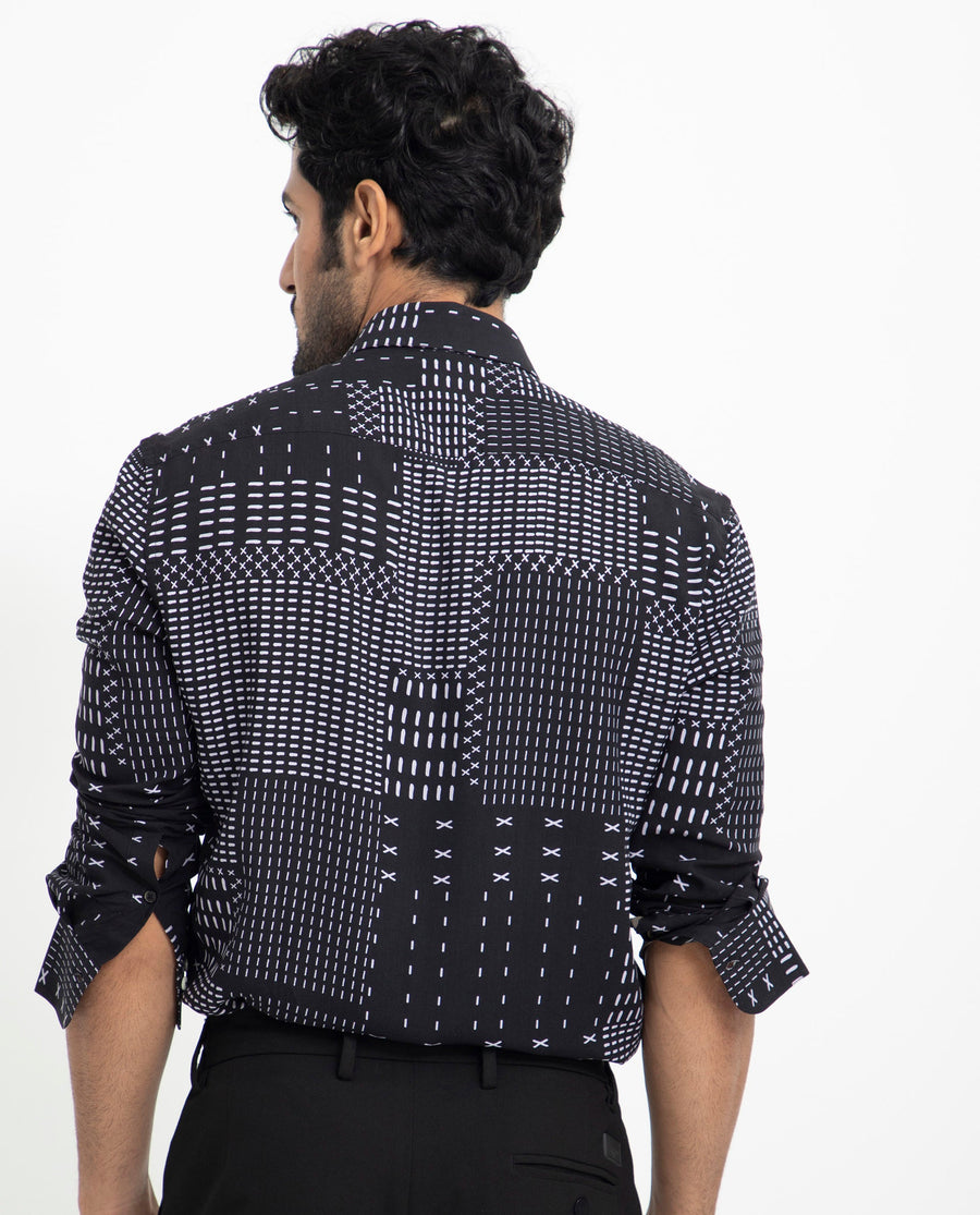 Rare Rabbit Men's Comica Black Viscose Geometric Print Regular Fit Full Sleeve Collared Shirt