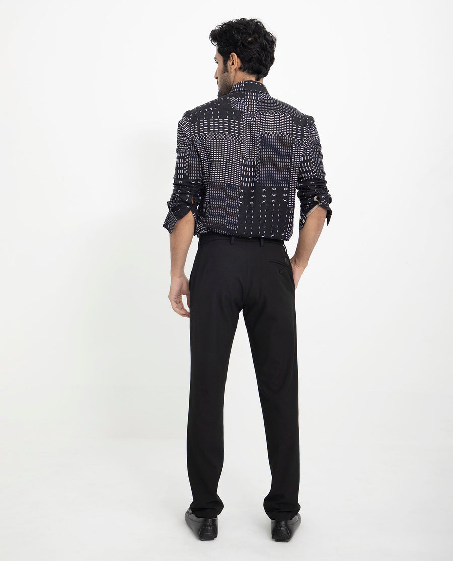 Rare Rabbit Men's Comica Black Viscose Geometric Print Regular Fit Full Sleeve Collared Shirt