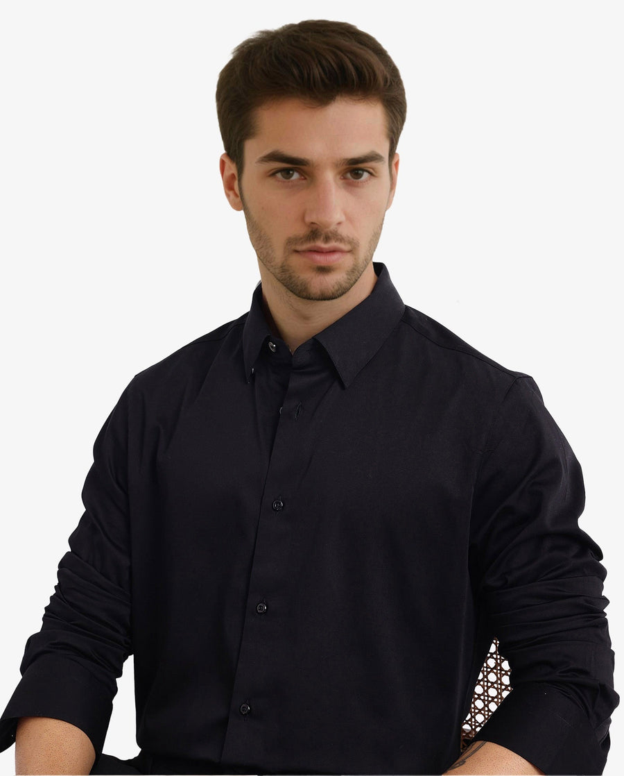 Rare Rabbit Men's Como-5 Black Satin Plain Regular Fit Full Sleeve Collared Shirt