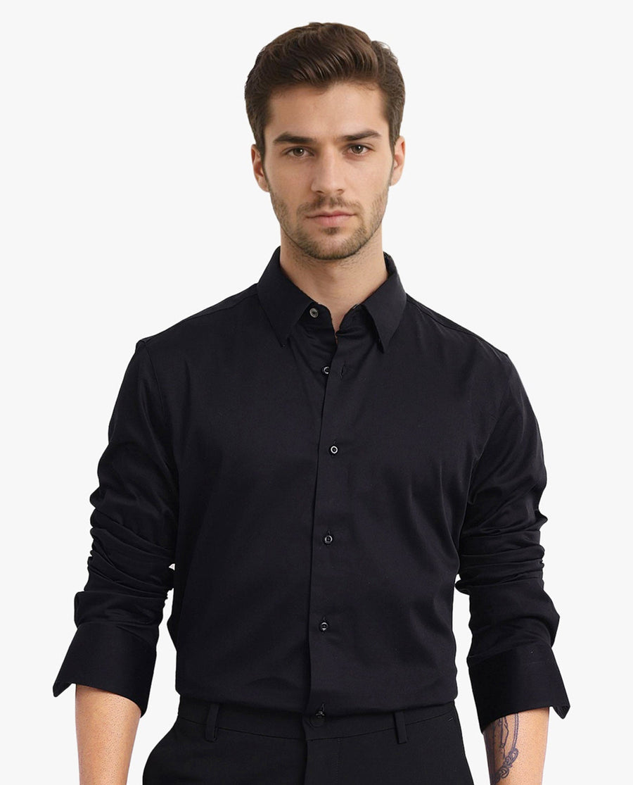 Rare Rabbit Men's Como-5 Black Satin Plain Regular Fit Full Sleeve Collared Shirt