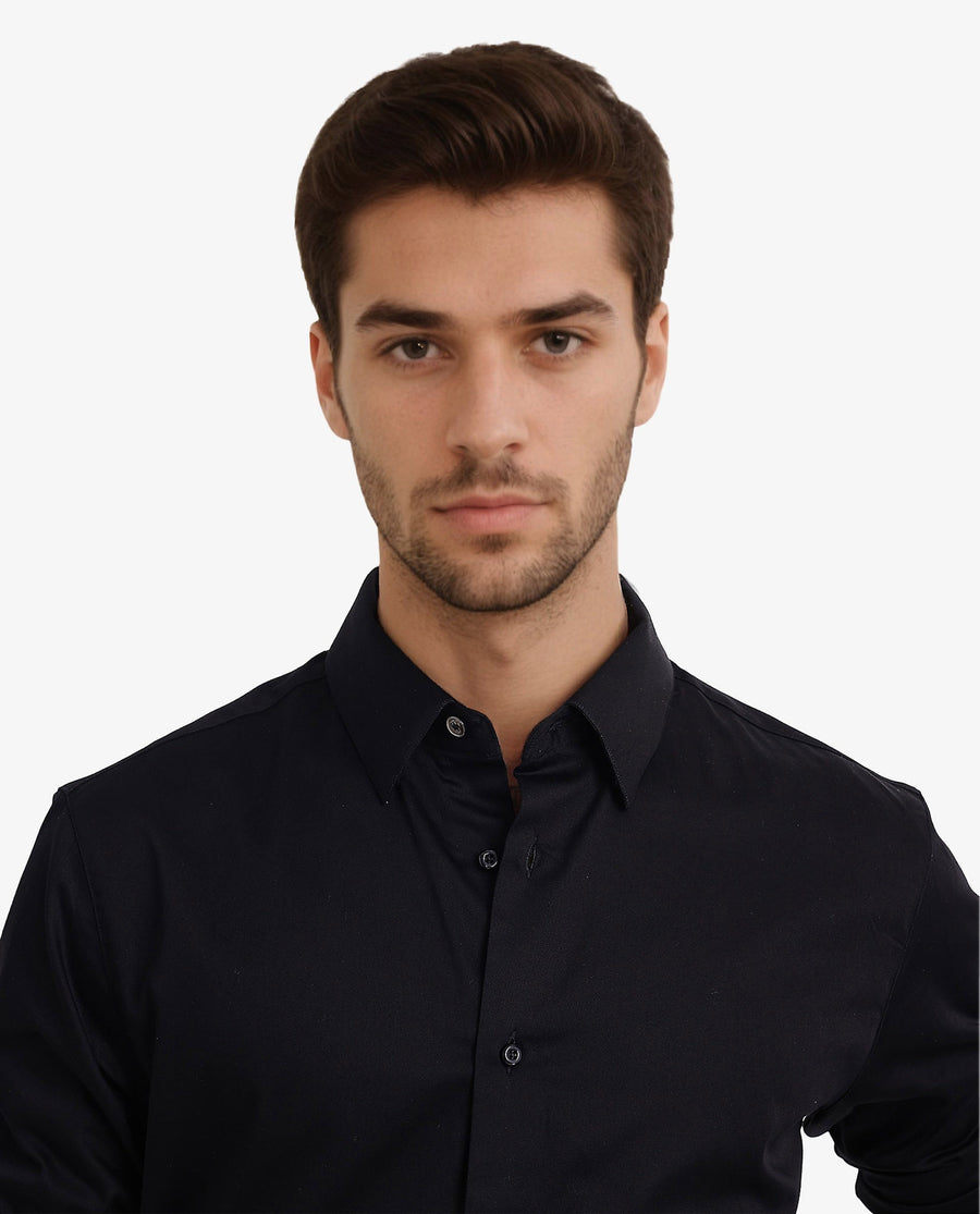 Rare Rabbit Men's Como-5 Black Satin Plain Regular Fit Full Sleeve Collared Shirt