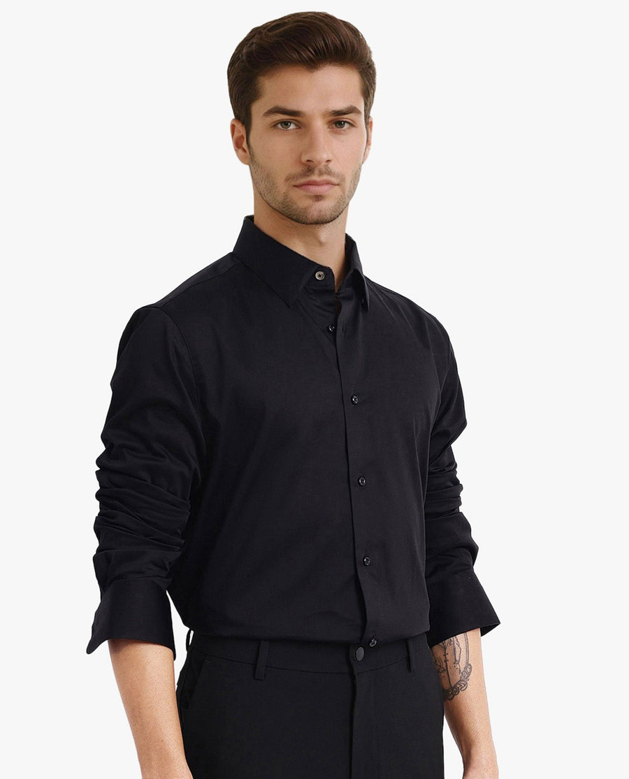 Rare Rabbit Men's Como-5 Black Satin Plain Regular Fit Full Sleeve Collared Shirt
