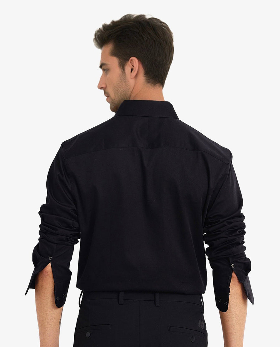 Rare Rabbit Men's Como-5 Black Satin Plain Regular Fit Full Sleeve Collared Shirt