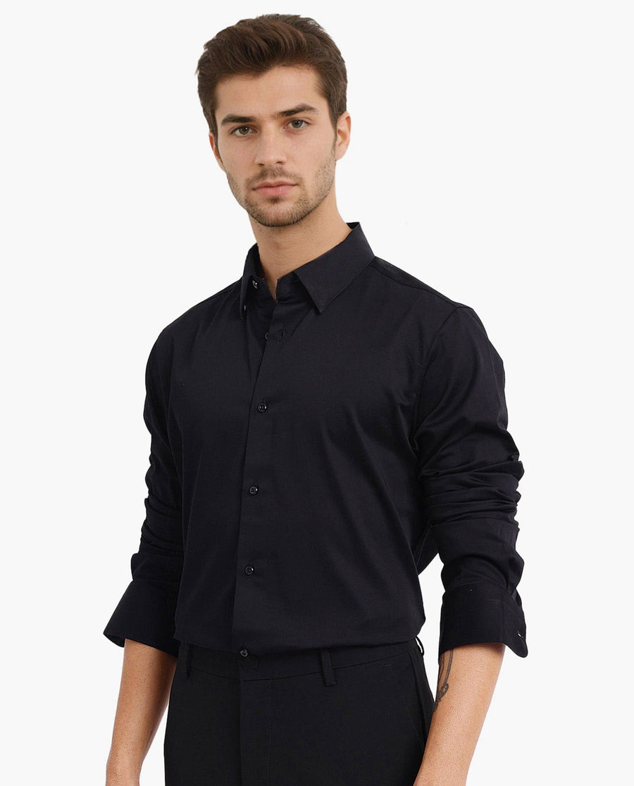 Rare Rabbit Men's Como-5 Black Satin Plain Regular Fit Full Sleeve Collared Shirt