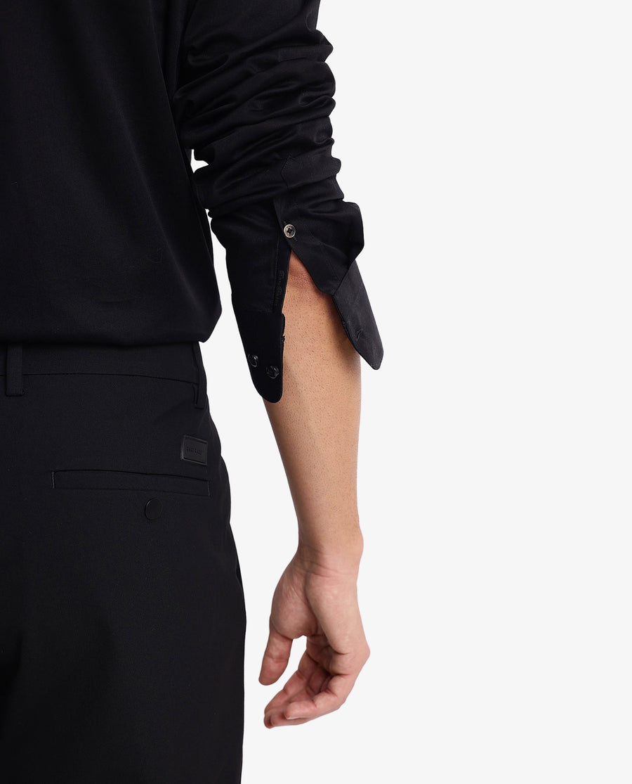 Rare Rabbit Men's Como-5 Black Satin Plain Regular Fit Full Sleeve Collared Shirt