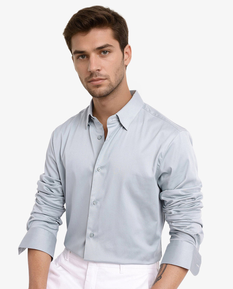 Rare Rabbit Men's Como-5 Pastel Blue Satin Plain Regular Fit Full Sleeve Collared Shirt