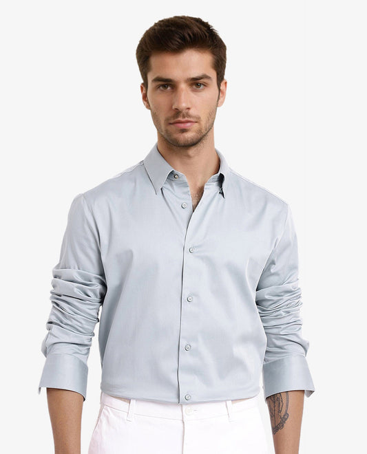 Rare Rabbit Men's Como-5 Pastel Blue Satin Plain Regular Fit Full Sleeve Collared Shirt