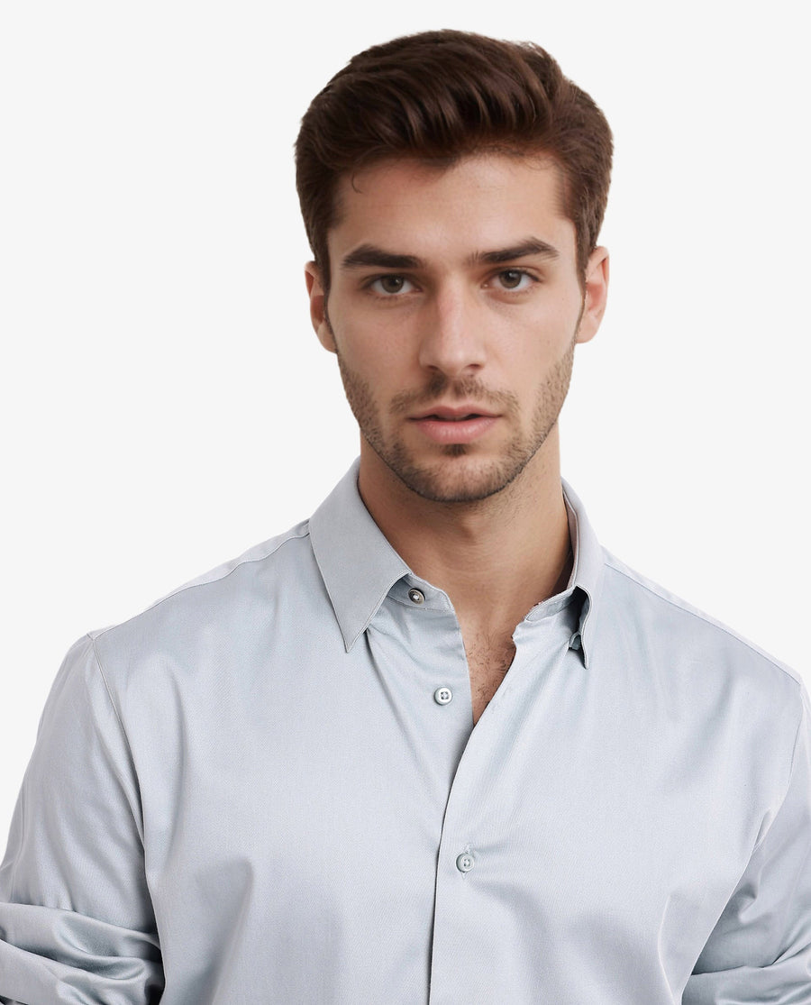 Rare Rabbit Men's Como-5 Pastel Blue Satin Plain Regular Fit Full Sleeve Collared Shirt