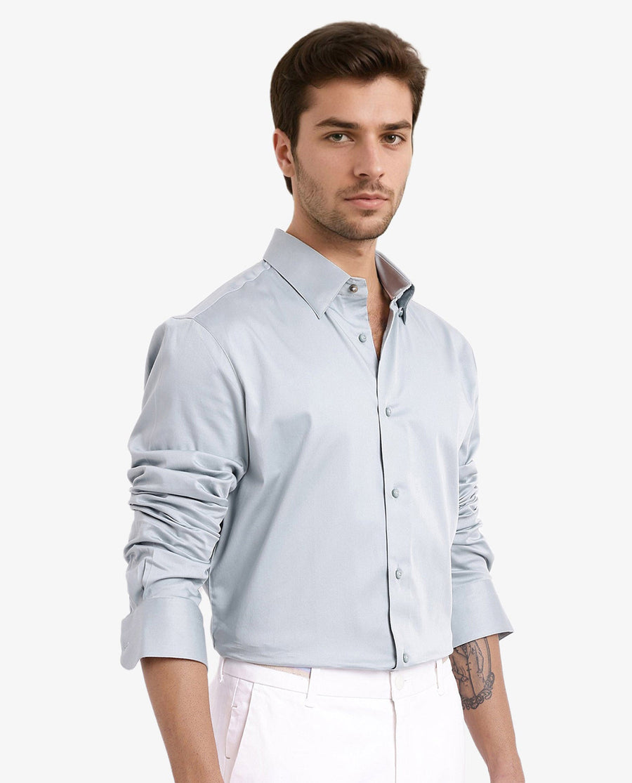 Rare Rabbit Men's Como-5 Pastel Blue Satin Plain Regular Fit Full Sleeve Collared Shirt
