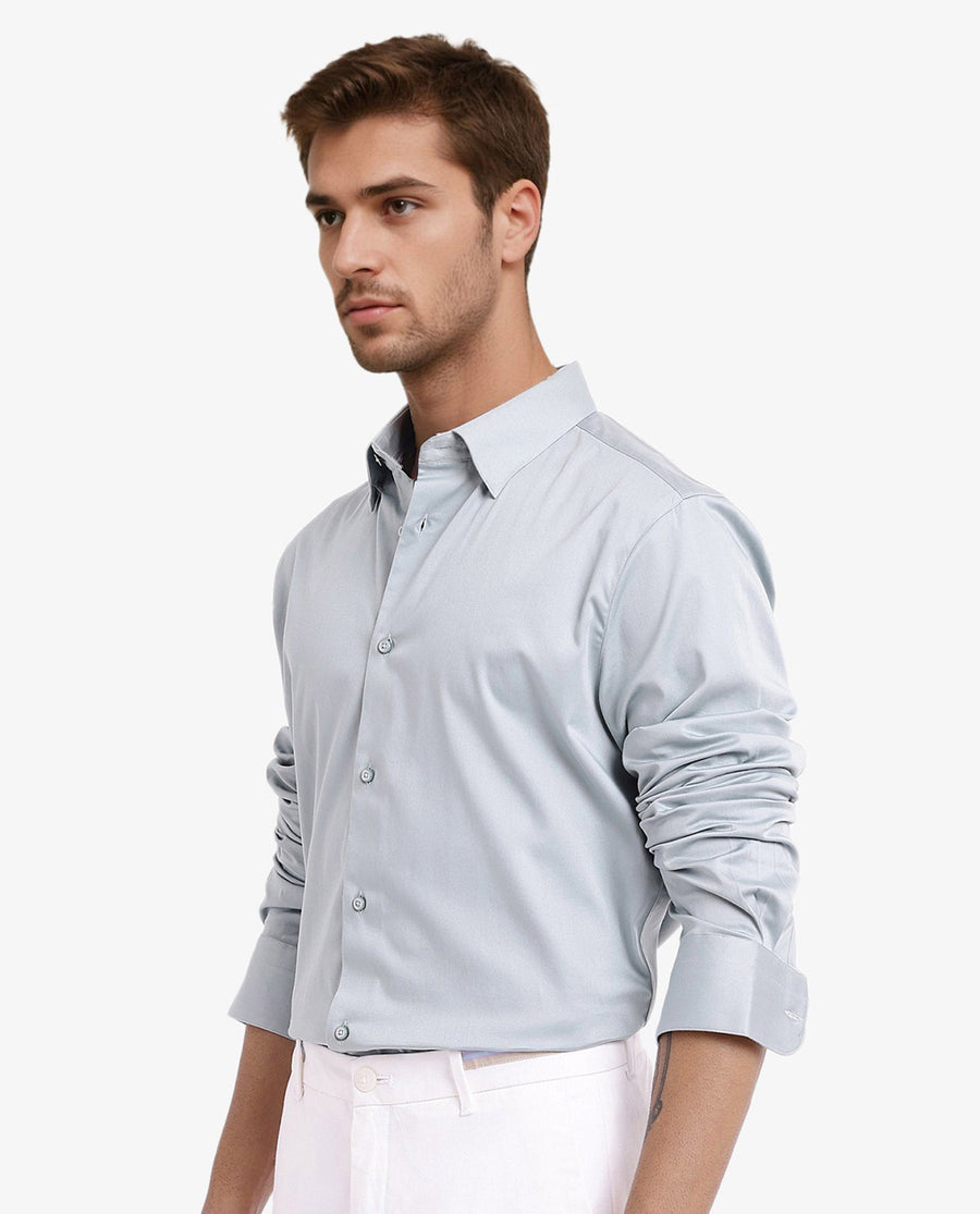 Rare Rabbit Men's Como-5 Pastel Blue Satin Plain Regular Fit Full Sleeve Collared Shirt