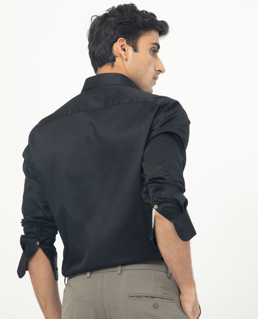 Rare Rabbit Men's Comor Black Cotton Plain Regular Fit Full Sleeve Collared Shirt