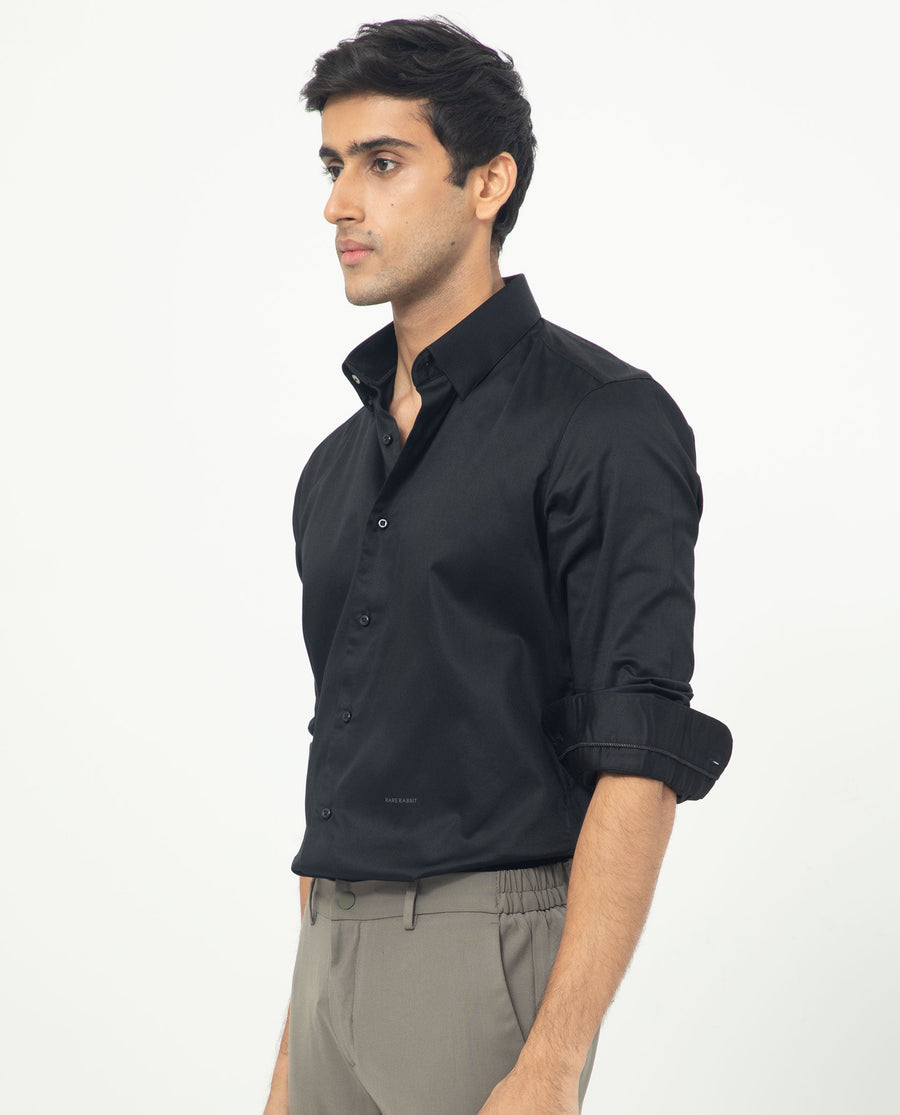 Rare Rabbit Men's Comor Black Cotton Plain Regular Fit Full Sleeve Collared Shirt
