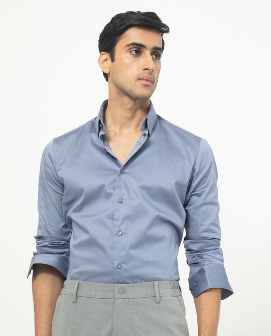 Rare Rabbit Men's Comor Blue Cotton Plain Regular Fit Full Sleeve Collared Shirt
