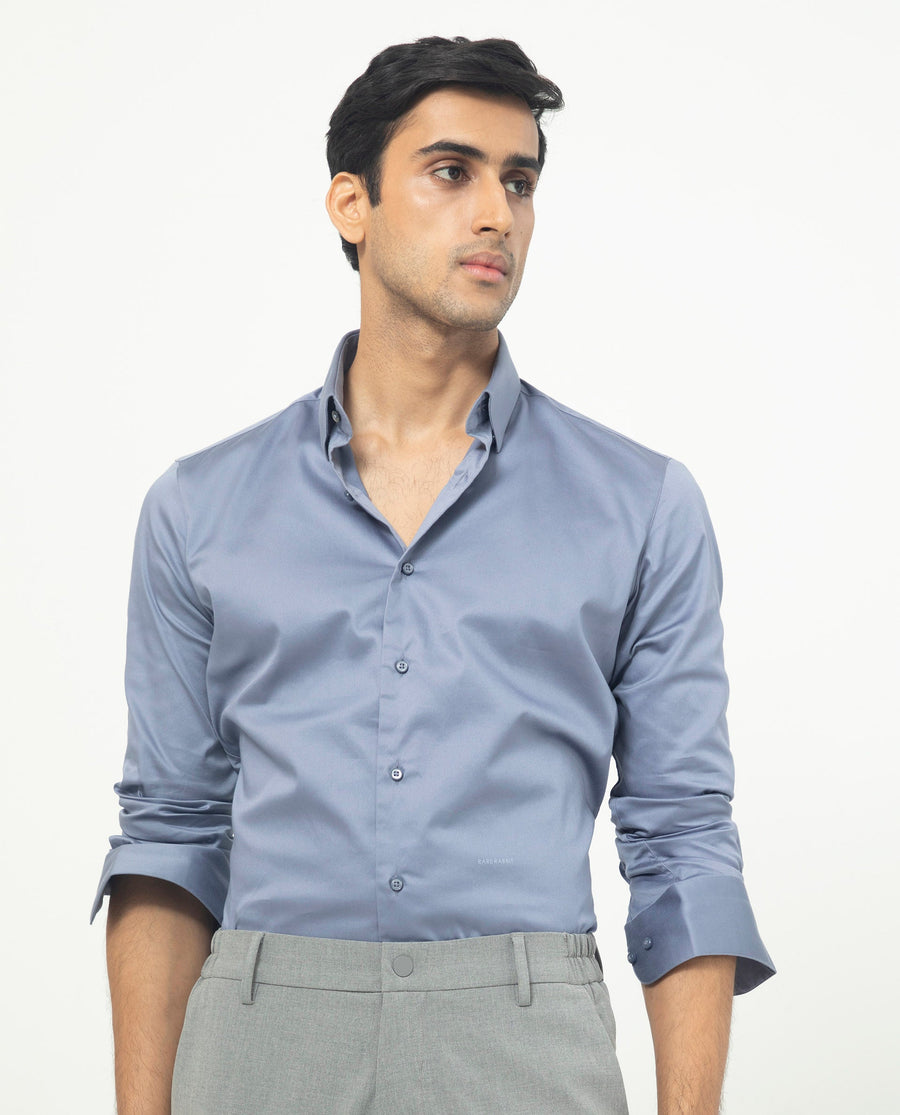 Rare Rabbit Men's Comor Blue Cotton Plain Regular Fit Full Sleeve Collared Shirt